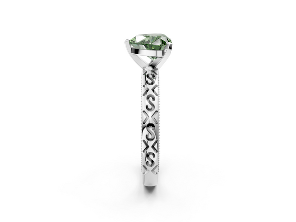 Platinum Fancy Green Heart  Solitaire Engagement Ring with Scrollwork Band and Four-Prong Setting