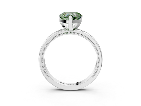 Platinum Fancy Green Heart  Solitaire Engagement Ring with Scrollwork Band and Four-Prong Setting