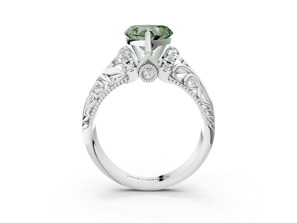 Platinum Fancy Green Heart  Solitaire Filigree Engagement Ring with Halo and Prong Setting