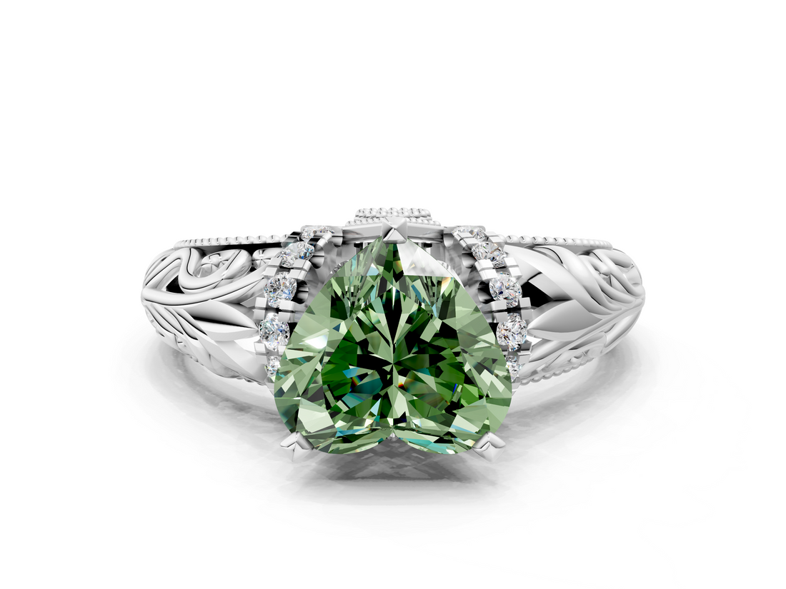 White gold Fancy Green Heart  Solitaire Filigree Engagement Ring with Halo and Prong Setting
