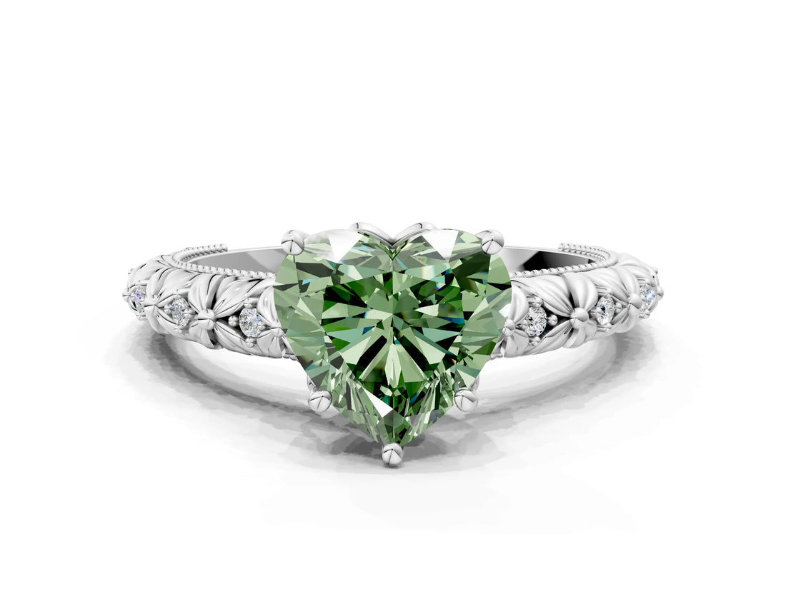 White gold Fancy Green Heart  Solitaire Floral Milgrain Engagement Ring_49