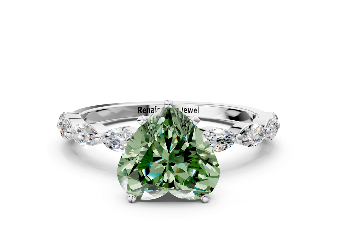 White gold Fancy Green Heart  Solitaire Marquise Side Stone Prong Setting Ring