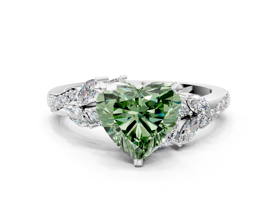 White gold Fancy Green Heart  Solitaire Marquise Twist Band with Six-Prong Setting