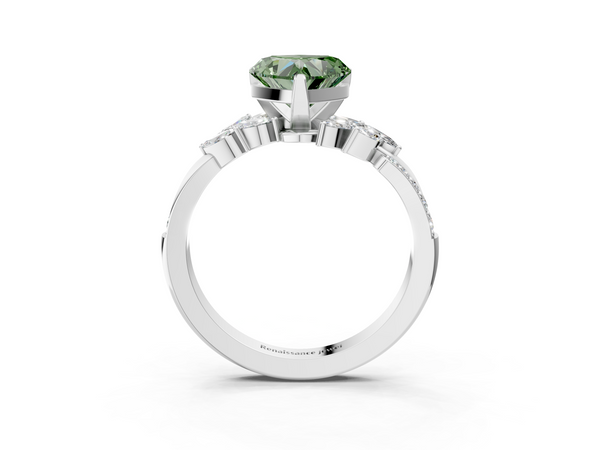 White gold Fancy Green Heart  Solitaire Marquise Twist Band with Six-Prong Setting