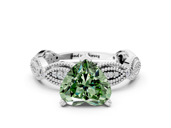 Platinum Fancy Green Heart  Solitaire Milgrain Diamond Engagement Ring with Bezel and Marquise Band