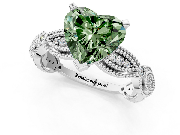Platinum Fancy Green Heart  Solitaire Milgrain Diamond Engagement Ring with Bezel and Marquise Band
