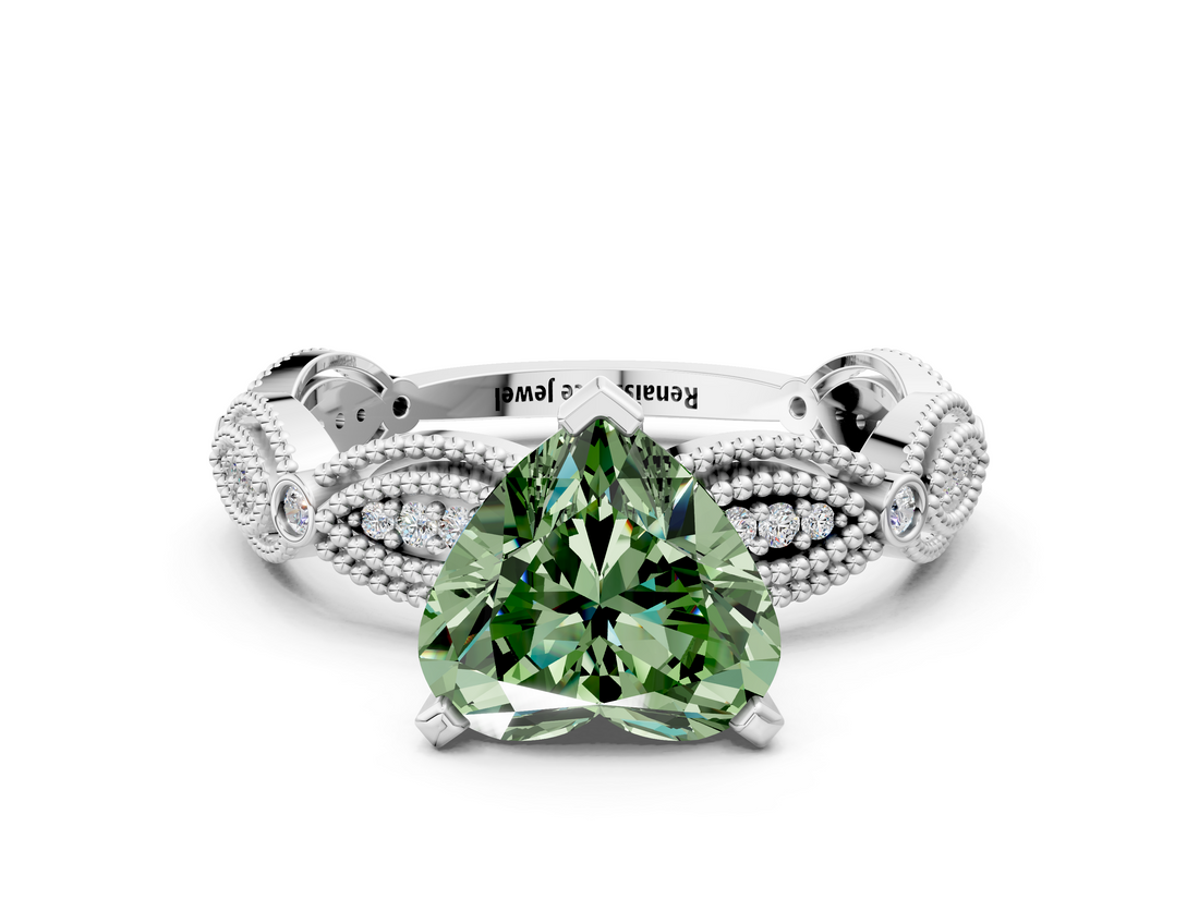 White gold Fancy Green Heart  Solitaire Milgrain Diamond Engagement Ring with Bezel and Marquise Band