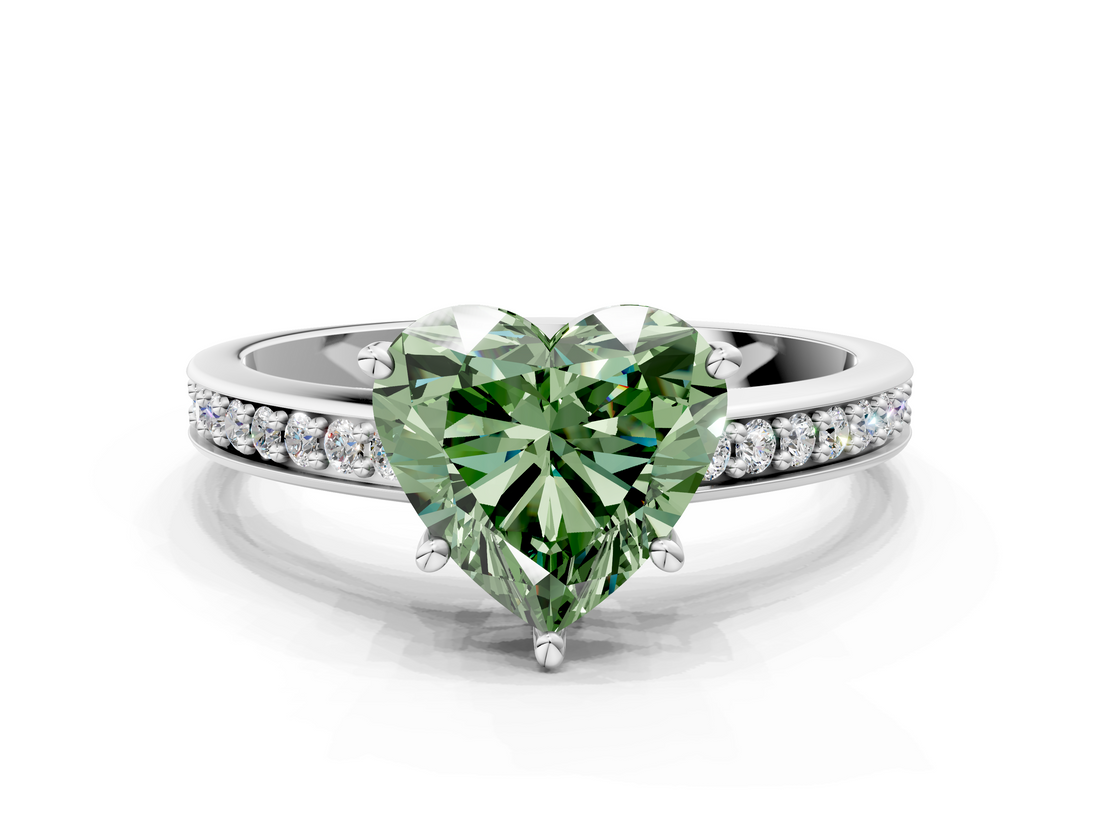 White gold Fancy Green Heart  Solitaire Pavé Band Prong Setting Ring