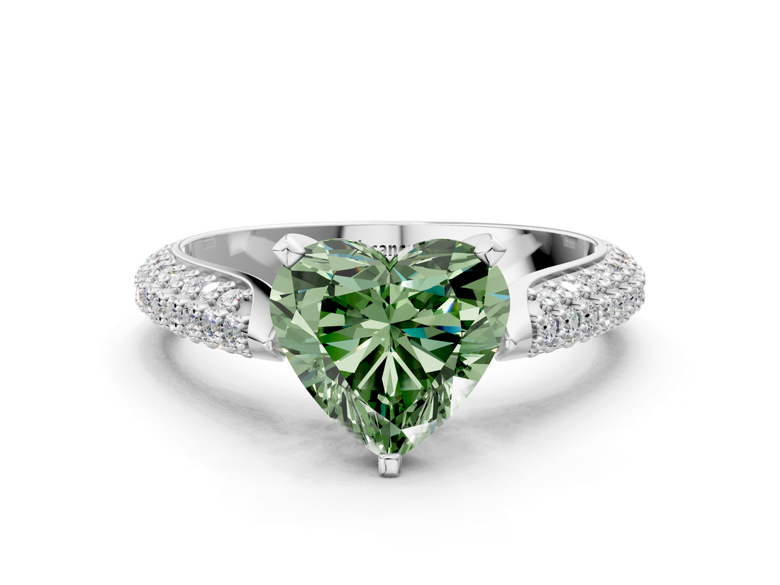 White gold Fancy Green Heart  Solitaire Pavé Diamond Engagement Ring with Four-Prong Setting