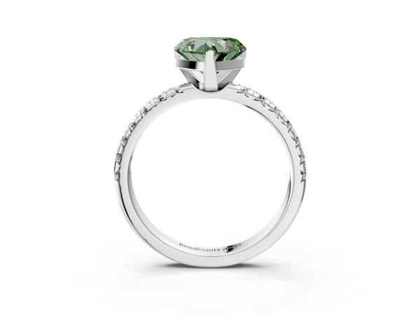 White gold Fancy Green Heart  Solitaire Pave Diamond Engagement Ring with Four-Prong Setting