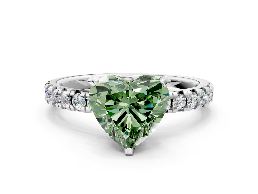 White gold Fancy Green Heart  Solitaire Pave Diamond Engagement Ring with Four-Prong Setting