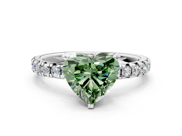 White gold Fancy Green Heart  Solitaire Pave Diamond Engagement Ring with Four-Prong Setting