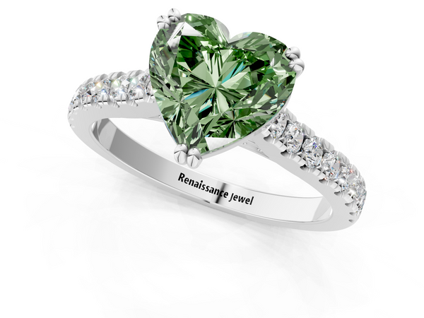 White gold Fancy Green Heart  Solitaire Pave Diamond Engagement Ring with Prong Setting