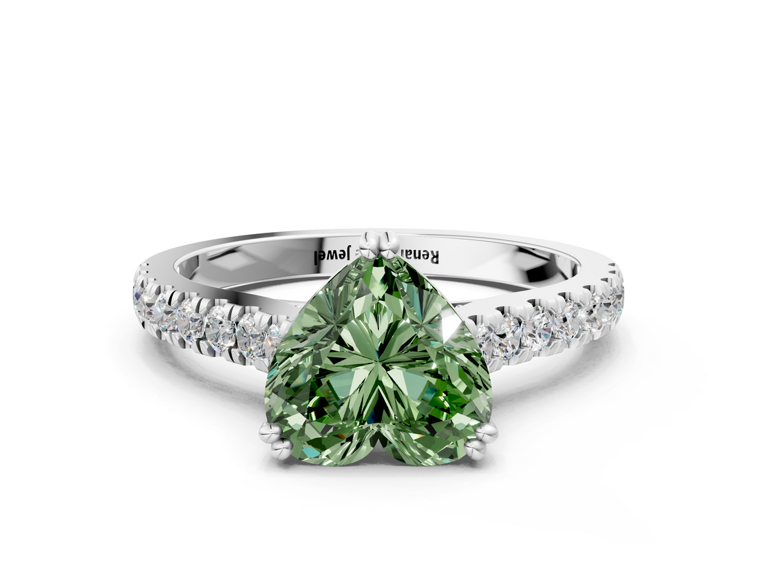 White gold Fancy Green Heart  Solitaire Pave Diamond Engagement Ring with Prong Setting
