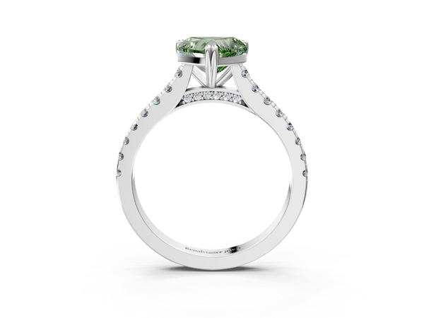 White gold Fancy Green Heart  Solitaire Pave Diamond Engagement Ring with Prong Setting