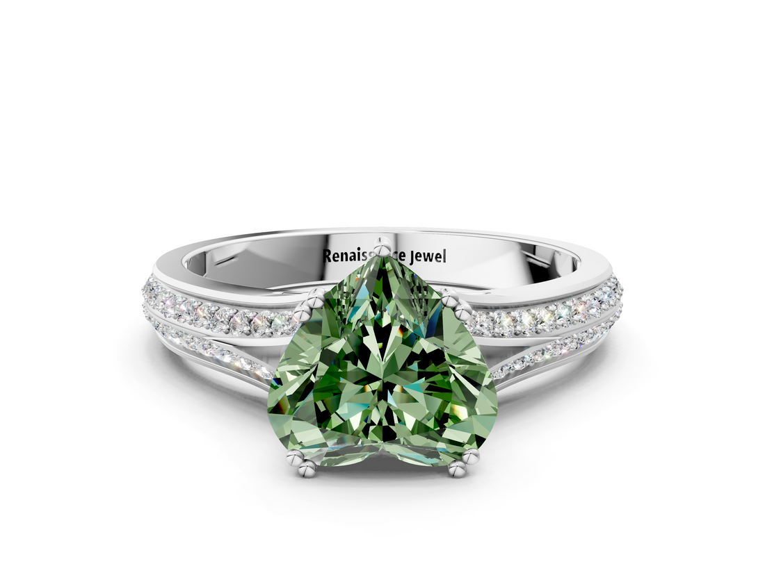 White gold Fancy Green Heart  Solitaire Pave Split Shank Engagement Ring with Six-Prong Setting