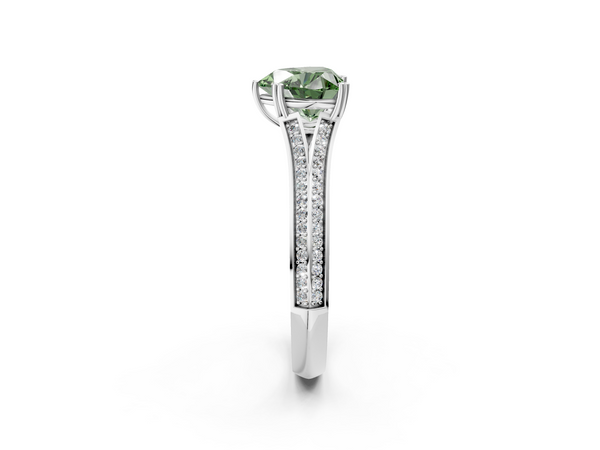 White gold Fancy Green Heart Cut Diamond Split Shank Engagement Ring with Pavé Band