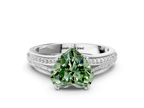 White gold Fancy Green Heart Cut Diamond Split Shank Engagement Ring with Pavé Band