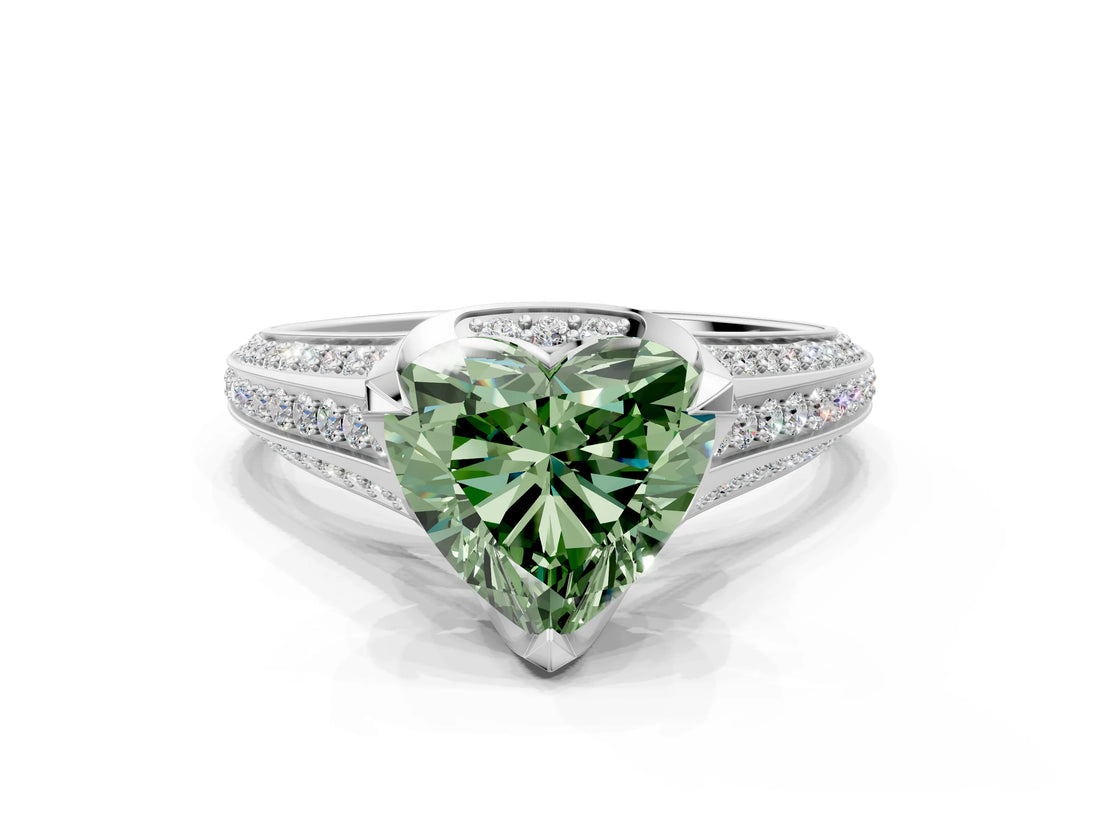 White gold Fancy Green Heart  Solitaire Pave Split Shank Ring with Four-Prong Setting_111