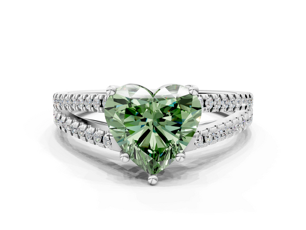White gold Fancy Green Heart Cut Diamond Solitaire Engagement Ring with Split Shank Pavé Band
