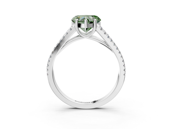 White gold Fancy Green Heart Cut Diamond Solitaire Engagement Ring with Split Shank Pavé Band