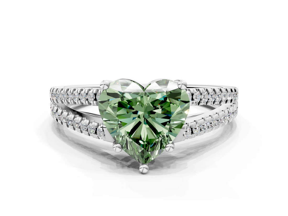 White gold Fancy Green Heart  Solitaire Split Shank Pavé Diamond Engagement Ring