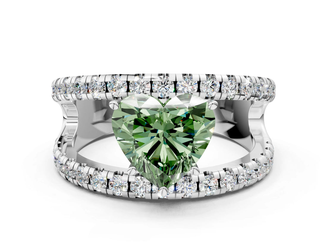 White gold Fancy Green Heart  Solitaire Split Shank Pave Diamond Ring_29