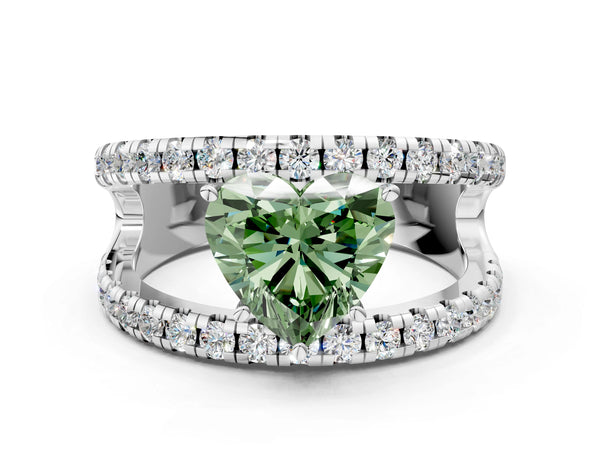 White gold Fancy Green Heart  Solitaire Split Shank Pave Diamond Ring