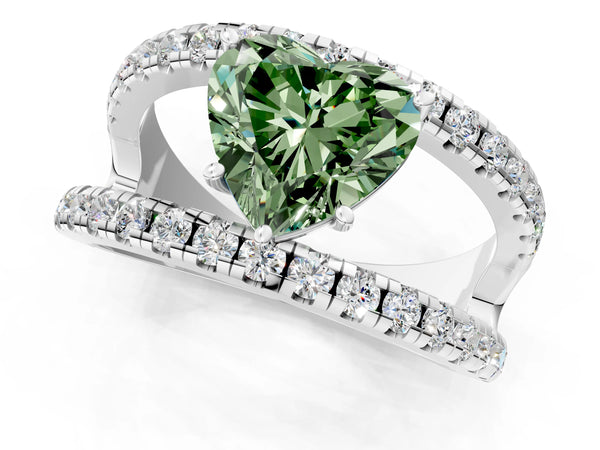 White gold Fancy Green Heart  Solitaire Split Shank Pave Diamond Ring