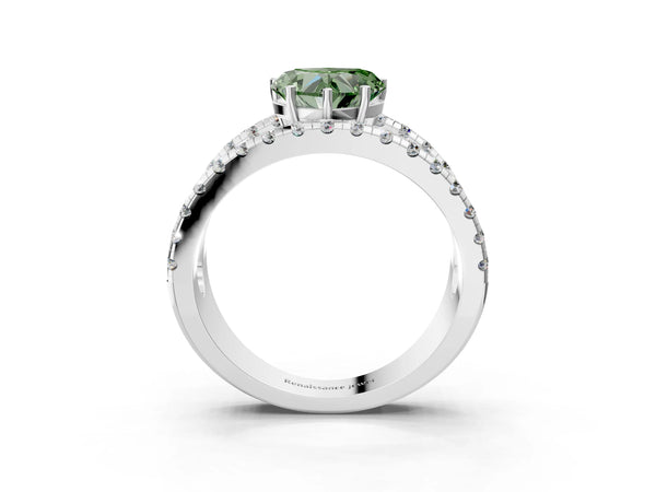 White gold Fancy Green Heart  Solitaire Split Shank Pave Diamond Ring