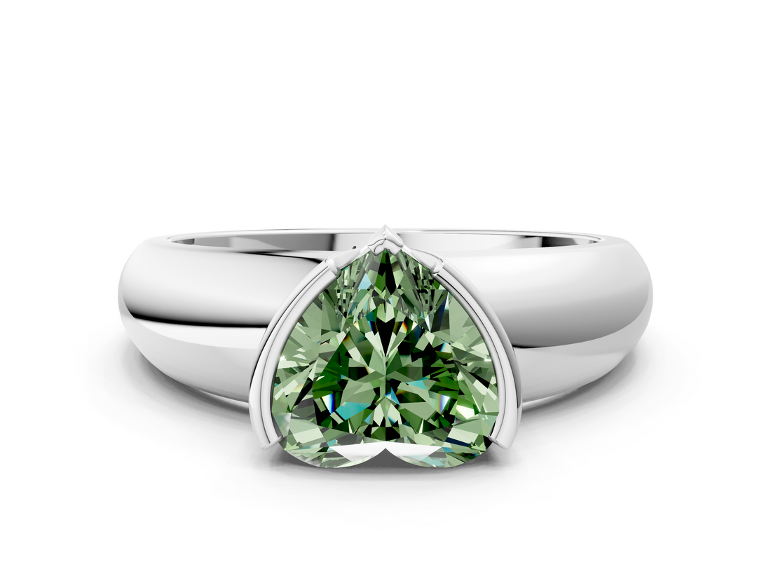 White gold Fancy Green Heart  Solitaire Tension Set Diamond Ring with Wide Band
