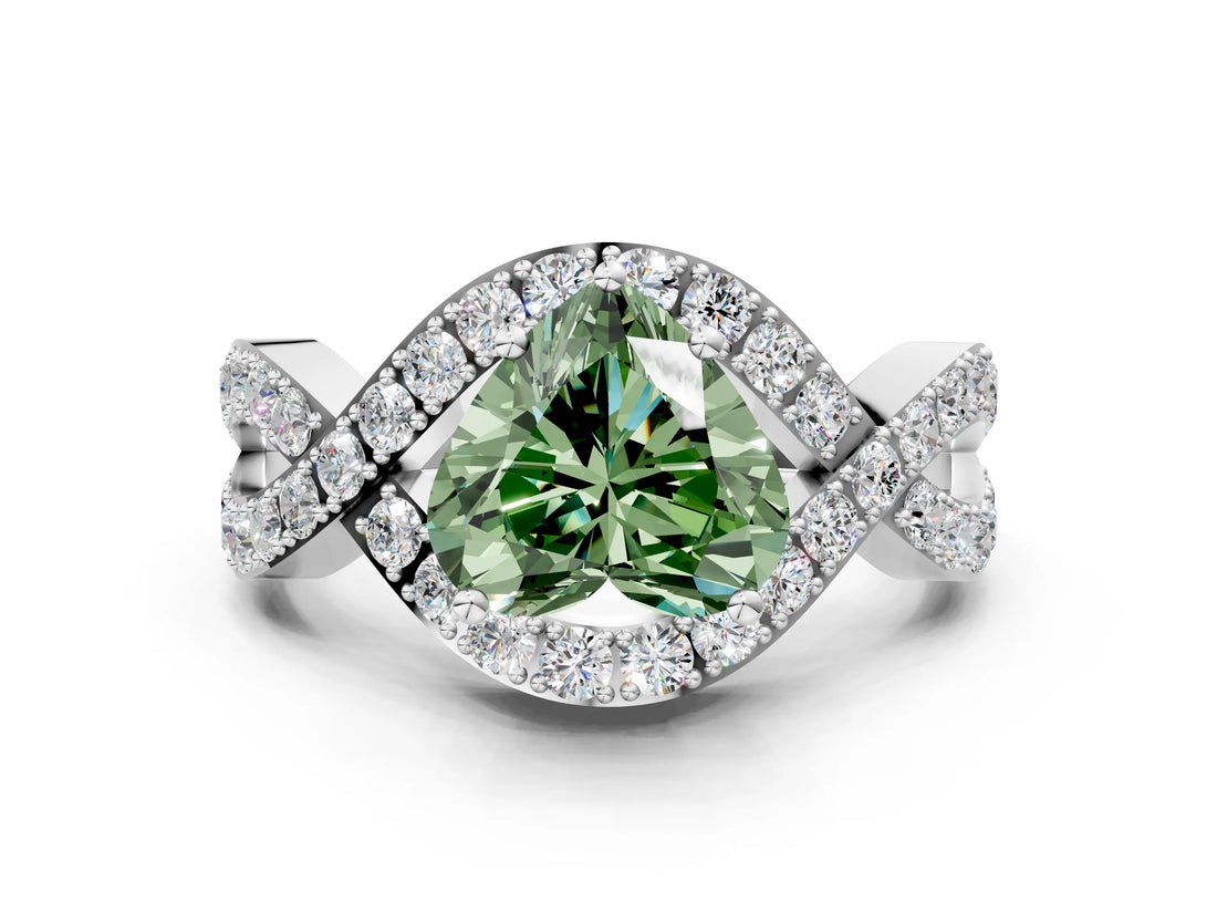 White gold Fancy Green Heart  Solitaire Twist Band Pavé Diamond Engagement Ring_32