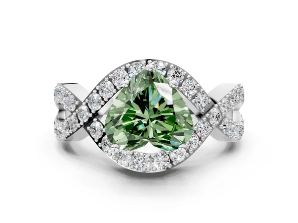 Platinum Fancy Green Heart  Solitaire Twist Band Pavé Diamond Engagement Ring