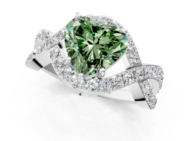 Platinum Fancy Green Heart  Solitaire Twist Band Pavé Diamond Engagement Ring