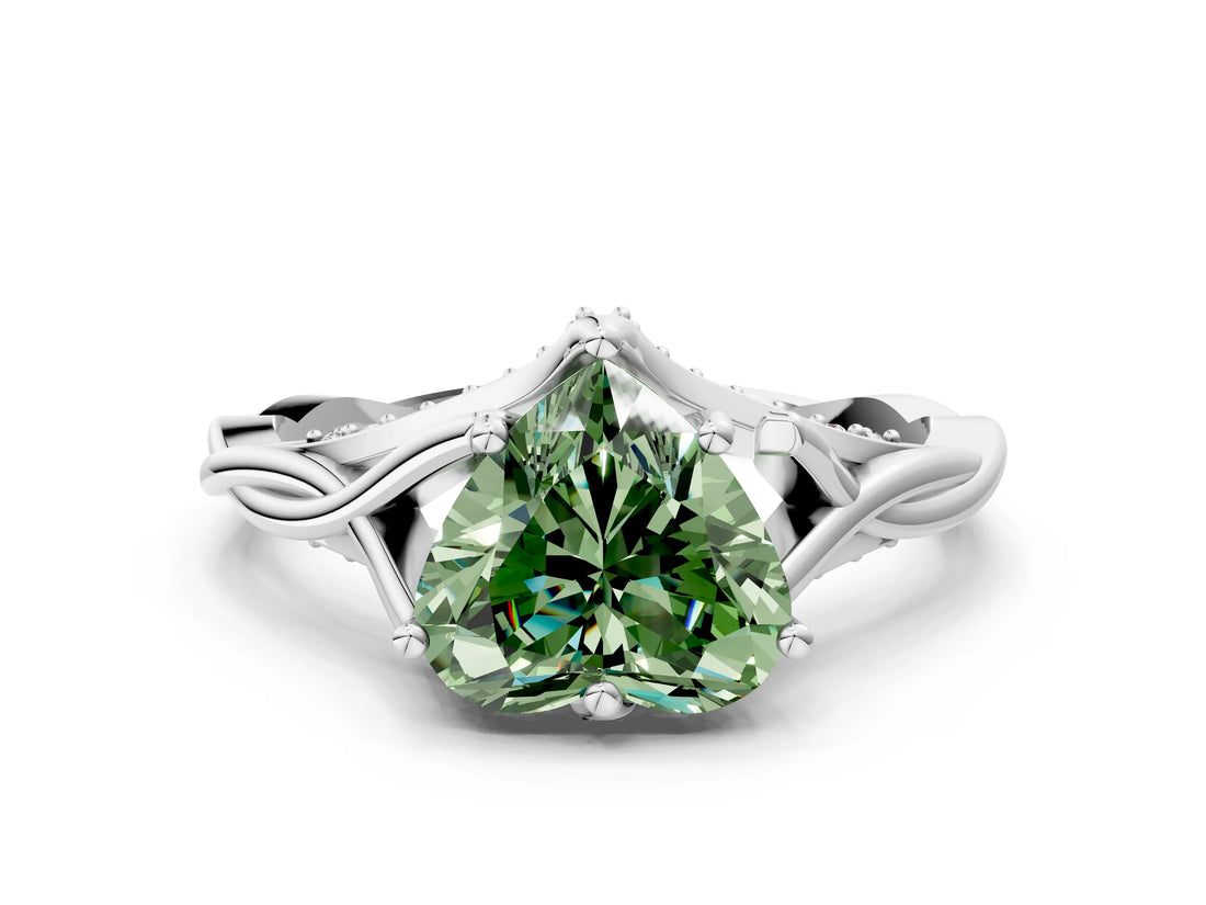 White gold Fancy Green Heart  Solitaire Twist Band Six-Prong Setting