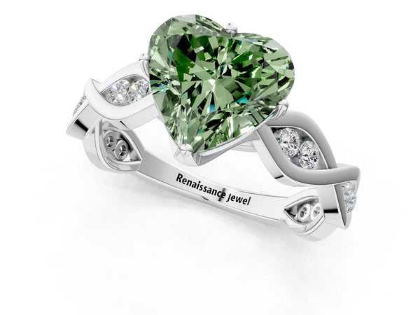 White Gold Heart-Shaped Accented Twist Engagement Ring Setting for Fancy Green Center