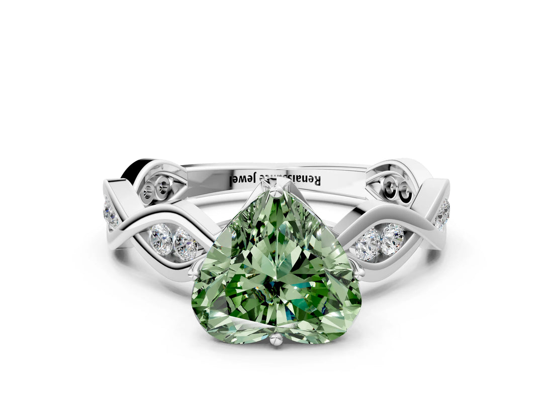White gold Fancy Green Heart  Solitaire Twist Band with Leaf Prong Setting