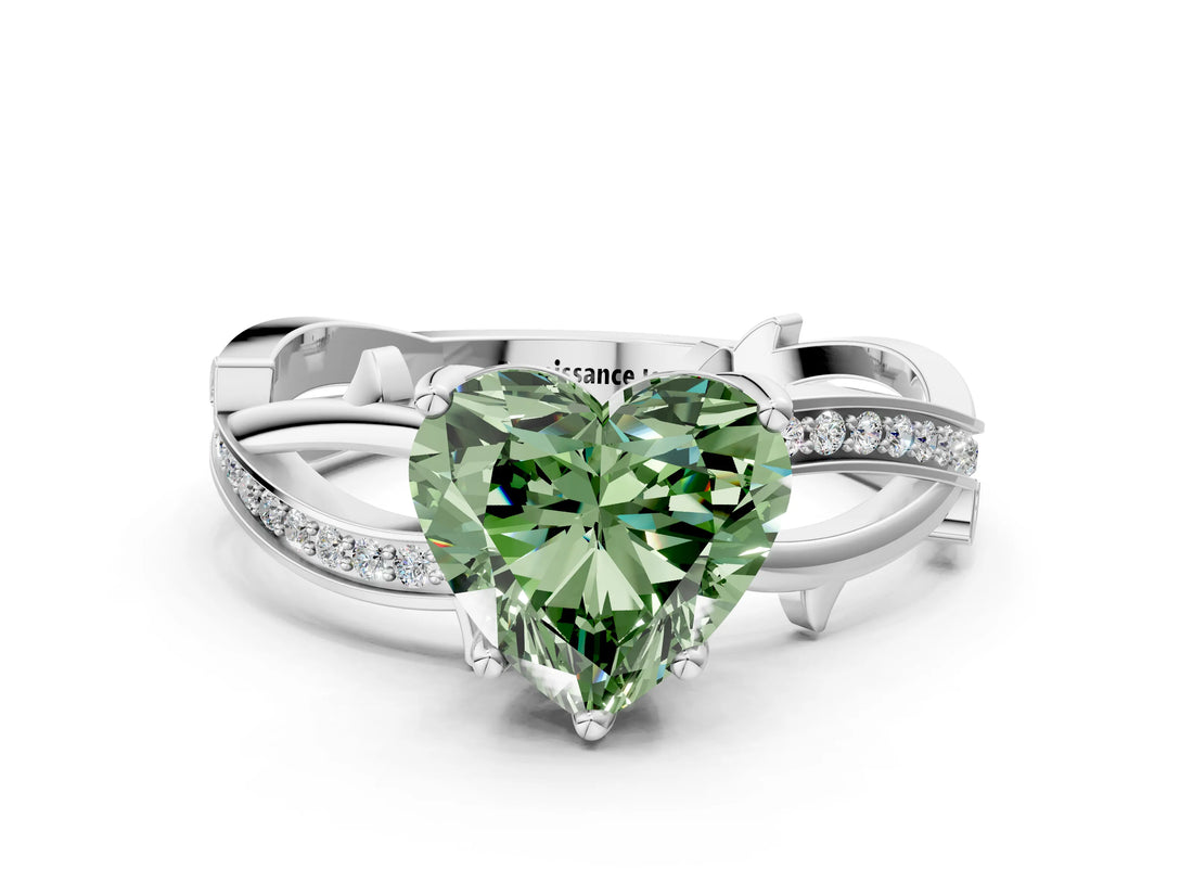 White gold Fancy Green Heart  Solitaire Twist Band with Pavé Accents and Four-Prong Setting_20