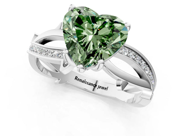 Platinum Fancy Green Heart  Solitaire Twist Band with Pavé Accents and Four-Prong Setting