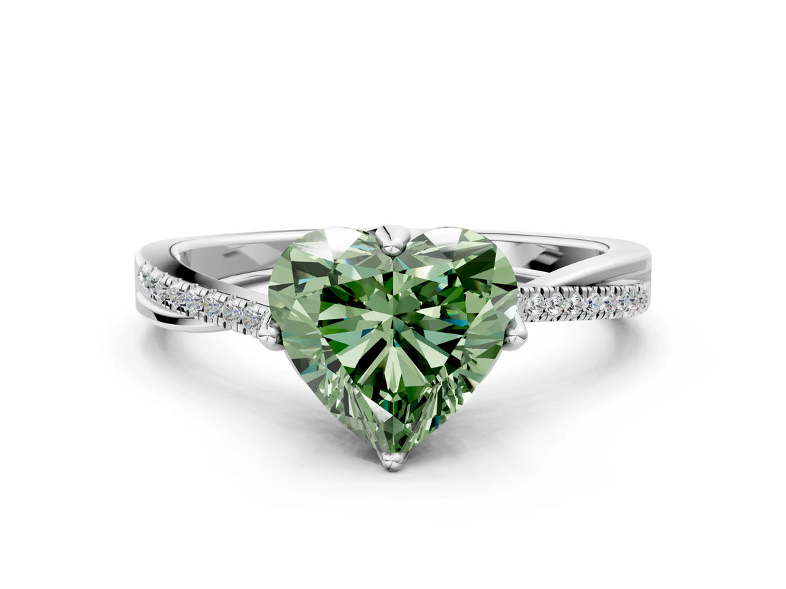 White gold Fancy Green Heart  Solitaire Twist Band with Pavé Diamonds and Four-Prong Setting_53
