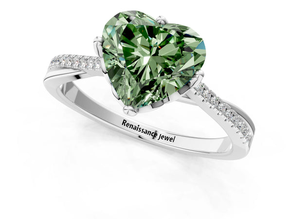White gold Fancy Green Heart  Solitaire Twist Band with Pavé Diamonds and Four-Prong Setting