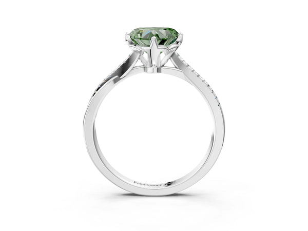 White gold Fancy Green Heart  Solitaire Twist Band with Pavé Diamonds and Four-Prong Setting