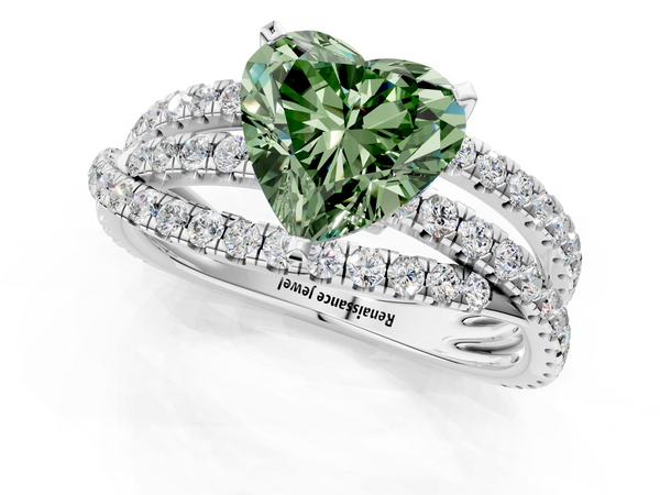White gold Fancy Green Heart  Solitaire Twist Band with Pavé Setting and Four-Prong Setting