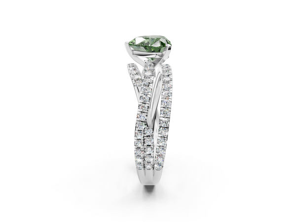 White gold Fancy Green Heart  Solitaire Twist Band with Pavé Setting and Four-Prong Setting