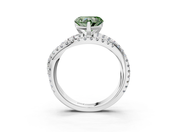 White gold Fancy Green Heart  Solitaire Twist Band with Pavé Setting and Four-Prong Setting