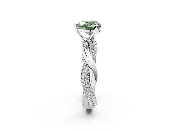 White gold Fancy Green Heart  Solitaire Twist Band with Pave Prong Setting