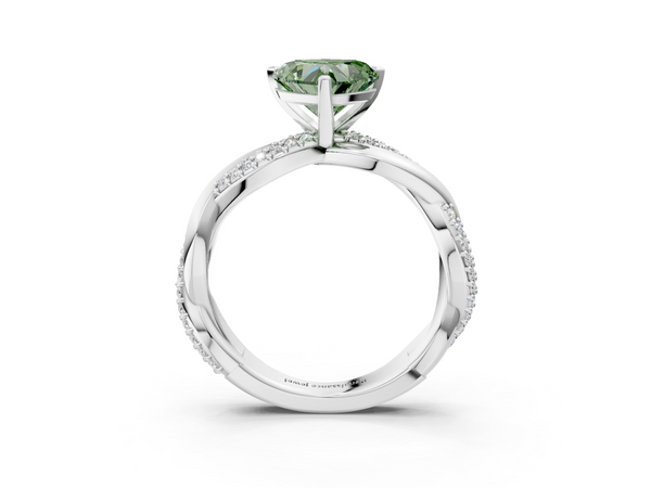 White gold Fancy Green Heart  Solitaire Twist Band with Pave Prong Setting