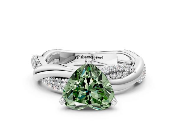 White gold Fancy Green Heart  Solitaire Twist Band with Pave Prong Setting