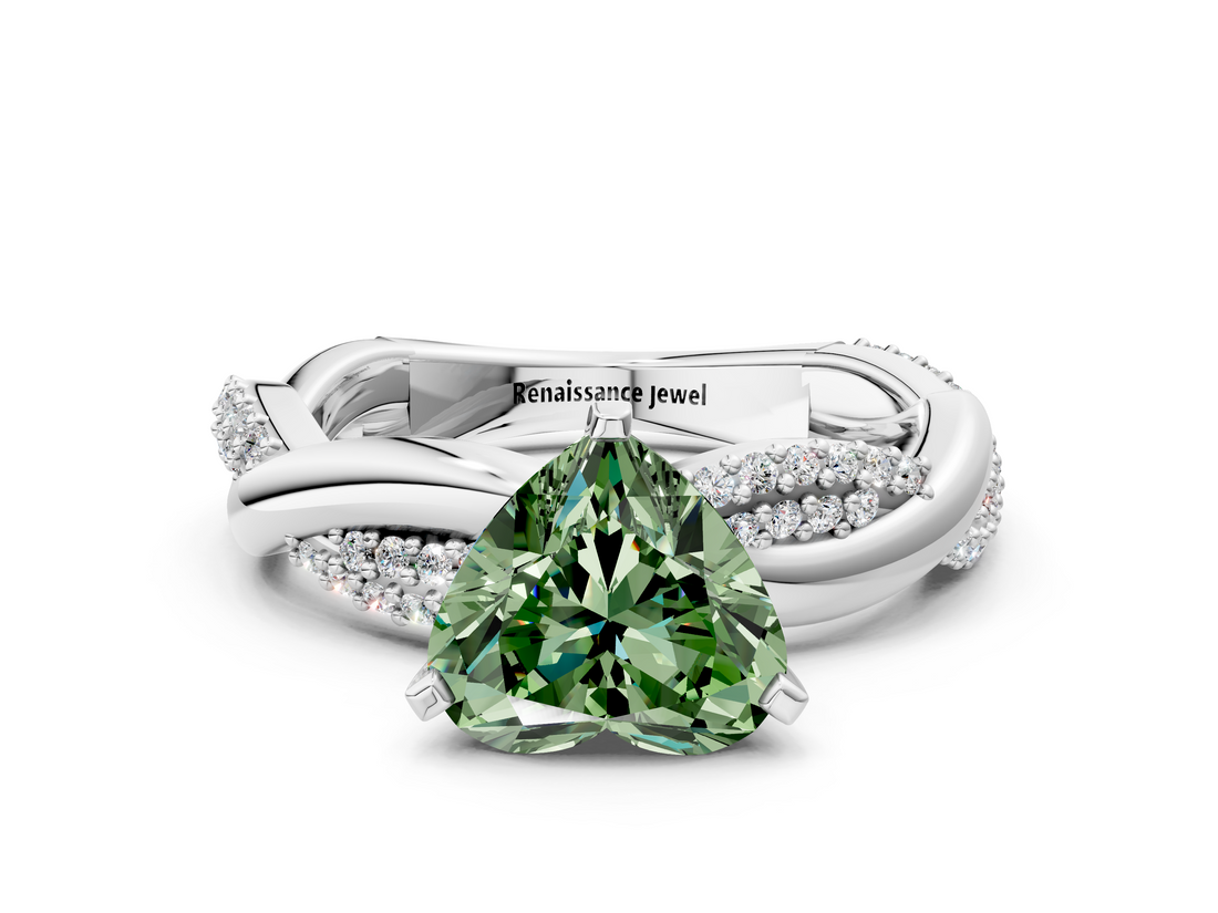 White gold Fancy Green Heart  Solitaire Twist Band with Pave Prong Setting