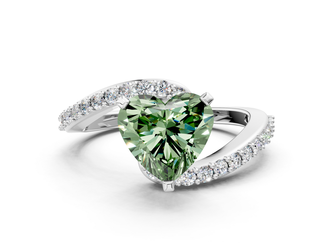 White gold Fancy Green Heart  Solitaire Twist Band with Pave Set Diamonds and Four-Prong Setting